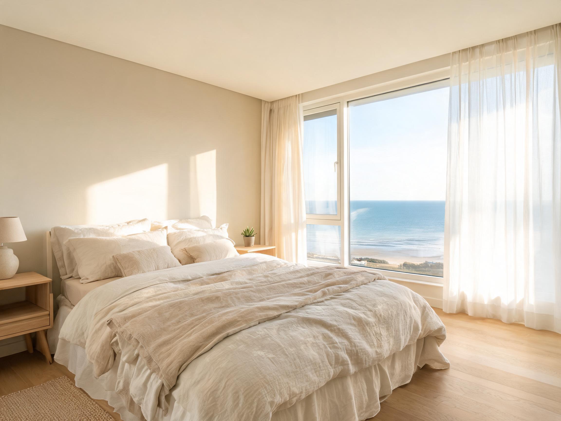 Calm neutral bedroom with morning light