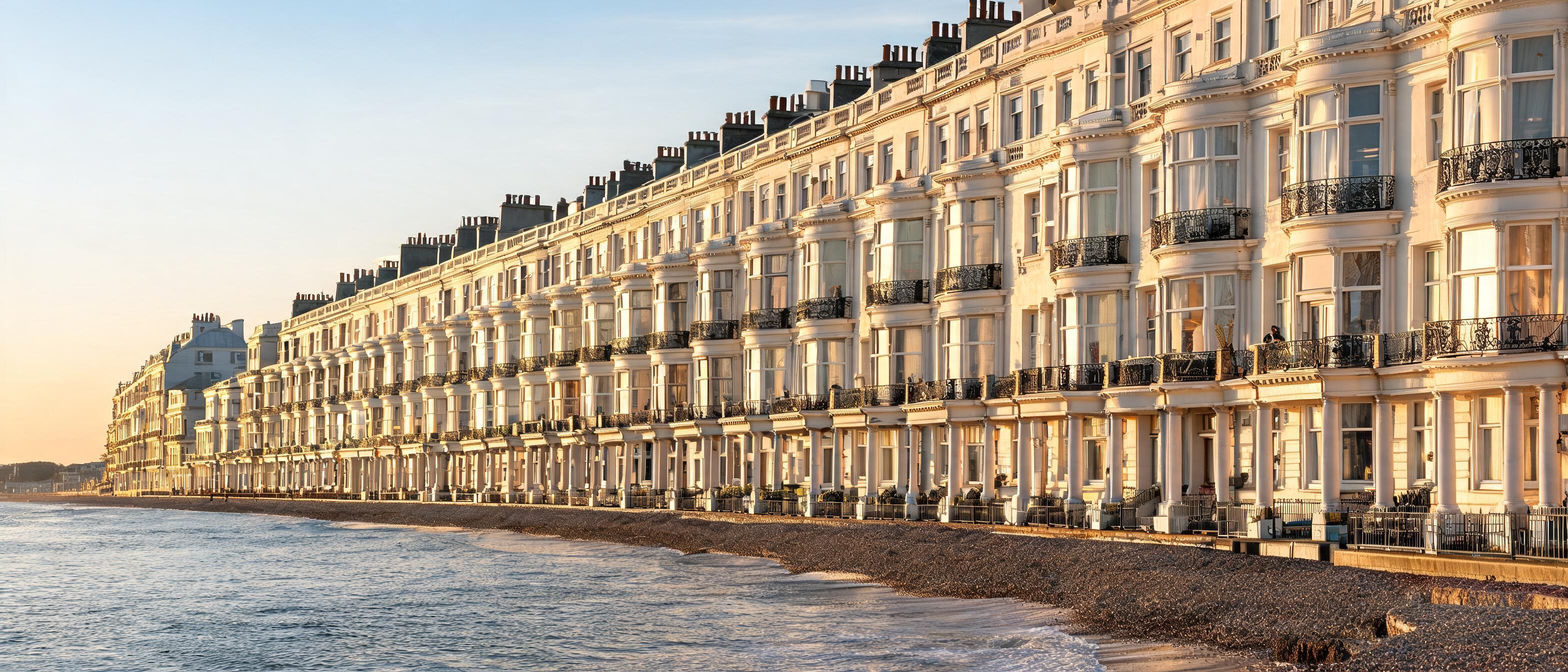 Regency seafront terrace in Hove at golden hour