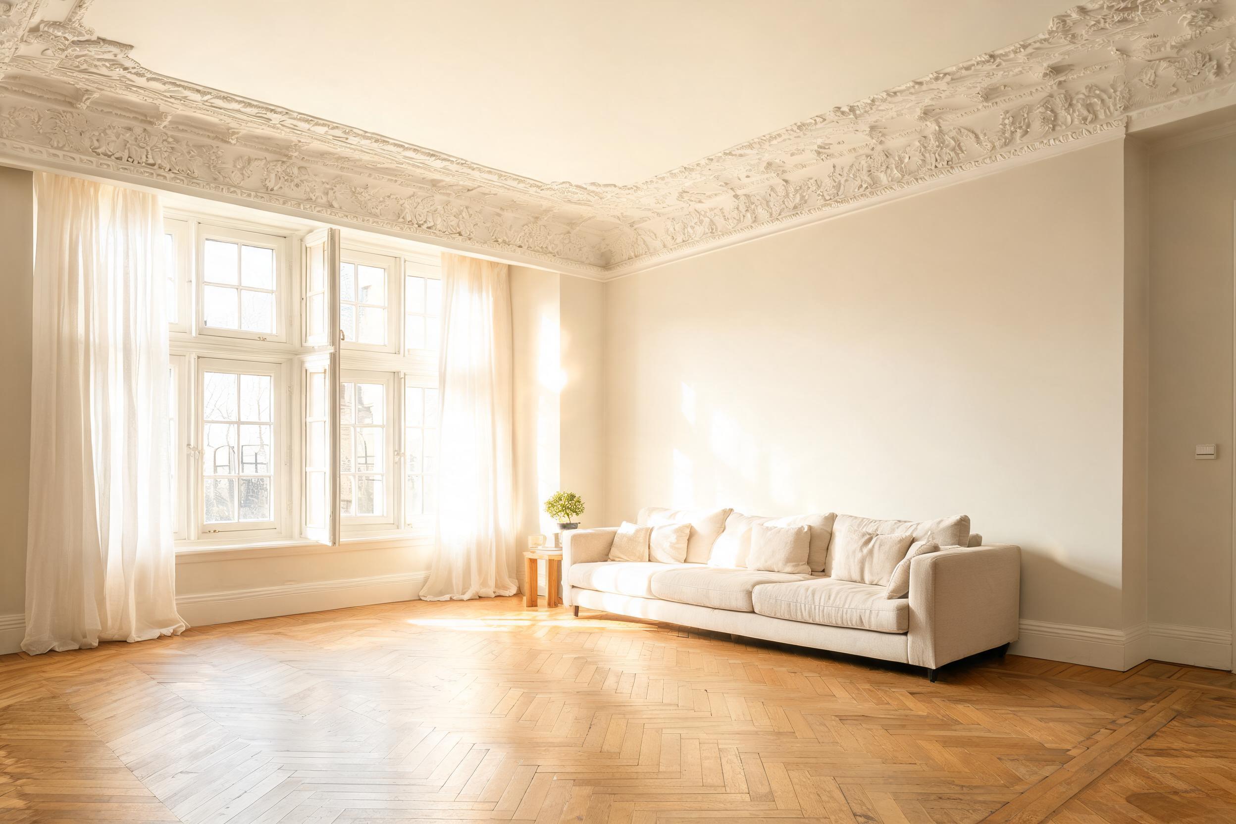 Bright period living room with ornate cornicing